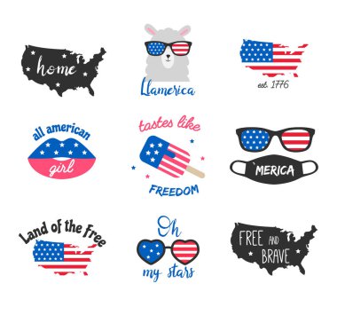 Amerika 'nın komik çıkartmaları. 4 Temmuz 'da. Simgeler ayarlandı. Vektör
