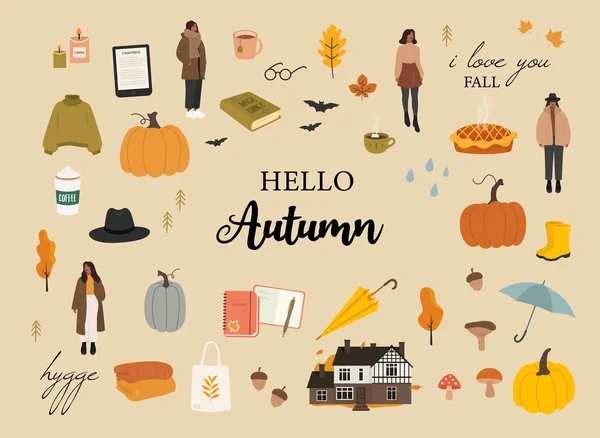 Conjunto Ilustrações Outono Aconchegante Bonito Temporada Outono Definido Camisola Livro — Vetor de Stock