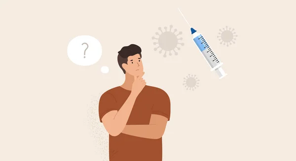 Man thinking about Coronavirus vaccination. Choice. Yeas or no. Vector — Stock Vector
