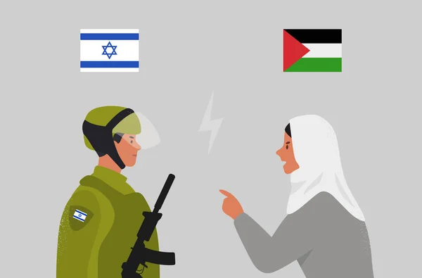 İsrail ve Filistin. Müslüman Arap kadın ve İsrailli asker. İsrail-Filistin çatışması. Vektör — Stok Vektör