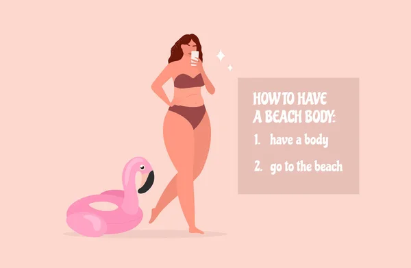 Cuerpo Positivo. Cómo tener un cuerpo de playa. Amor propio y cuidado personal. Vector — Vector de stock