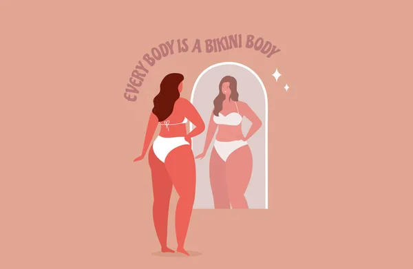 Jeder Körper ist ein Bikini-Körper. Selbstliebe. Frau blickt in den Spiegel. Vektor — Stockvektor