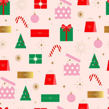 Elegant geometric christmas new year seamless pattern. Gift boxes. Christmas sale shopping. Vector illustration