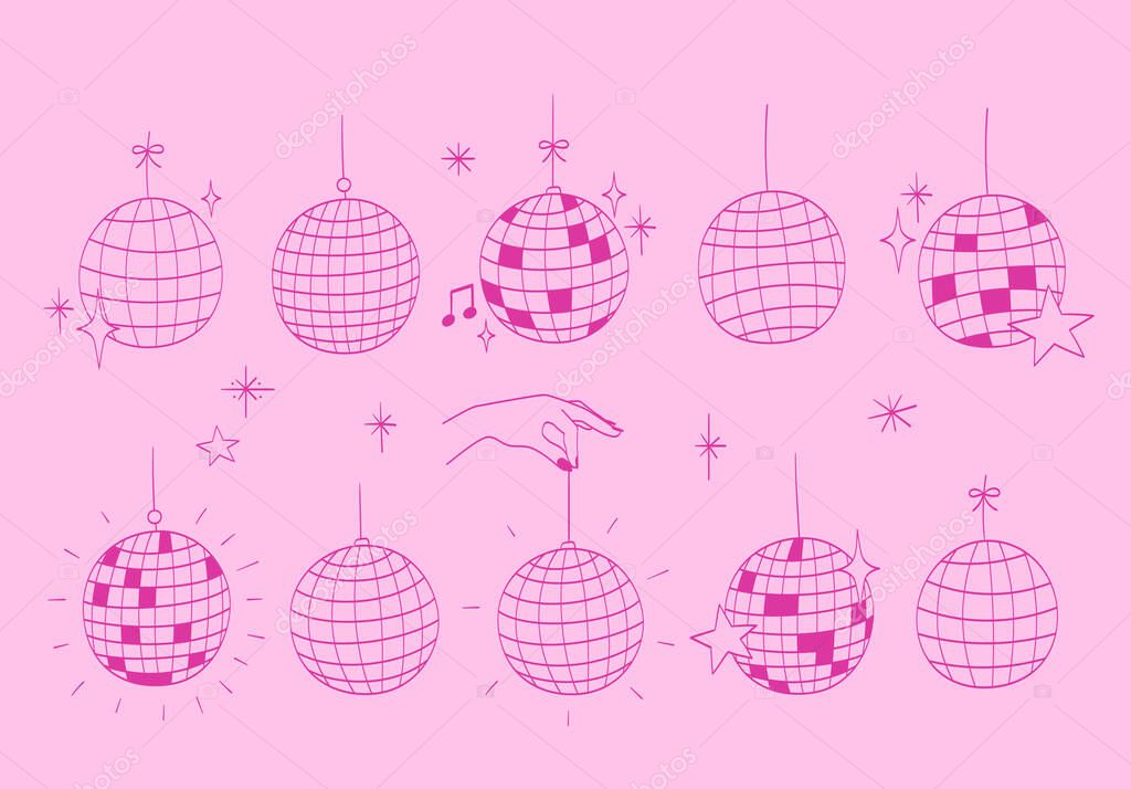 Disco ball hand drawn doodles set. Night club discoball party sphere. Line art drawings. Vector illustration