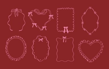Coquette boş çerçeve şablonu tasarımı. Kurdele yay çerçeveleri. Sevgililer Günü afişi. Vektör illüstrasyonu