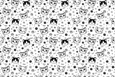 Sevimli karikatür kedi yüzleri, pençe izleri ve dekoratif karalamalar tasarım için siyah-beyaz tarzında..