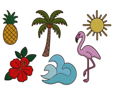 6 elementten oluşan tropikal işlemeli klitoris seti: amber çiçeği, palmiye ağacı, ananas, güneş, flamingo ve okyanus dalgaları. Yaz, tatil ve plaj temalı dijital projeler için mükemmel