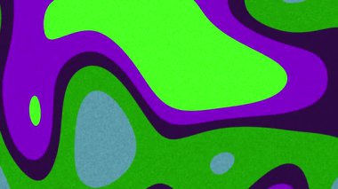 Pürüzsüz, akışkan organik şekilleri parlak yeşil, koyu mor ve açık mavi olan soyut psikedelik bir arka plan. Akan çizgileri ve kumlu dokusu olan eski, modaya uygun bir estetik..