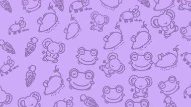 Kusursuz mor el, sevimli kurbağalar, salyangoz motifleri, tekstil duvar kağıtları ambalajı ve çocuk dekorasyonu için ideal çiftlik hayvanlarının desenlerini tekrar eden çizilmiş..