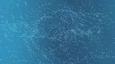 Canlandırılmış mavi parçacık ağı bir girdap noktası bulutu ve ağ arkaplanı oluşturuyor. Teknolojik veri görselleştirme ve soyut hareket projeleri için ideal..