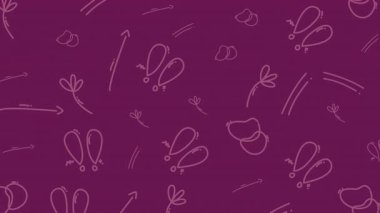 Kusursuz el çizimi pastel soyut desen. Mor arkaplandaki sevimli organik kelebek karalamaları tekstil duvar kâğıdı kırtasiyesi ve yüzey tasarımı için idealdir..