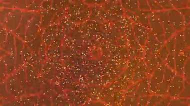 Soyut turuncu geometrik kaleydoskop mandala. Parlayan parçacıklar ve parıldayan ışıklar arka plan grafikleri ve görsel tasarım için idealdir..