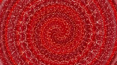 Pırıl pırıl parlayan bokeh ışıkları olan kusursuz kırmızı spiral parçacık girdabı. Dinamik, soyut devir, arka planda VJ döngüleri ve multimedya projeleri için mükemmel..