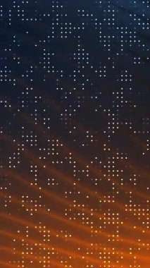 Yüksek çözünürlüklü soyut teknoloji arka planı, teknolojik sunumlar ve hareket grafikleri için mavi ve turuncu çizgilerle aydınlatılmış noktaların ve köşegen ışık çizgilerinin parlayan veri ağını gösteriyor..