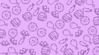 Donut, süt kutuları ve tavuk budu ile kusursuz mor yemek ikonu deseni.