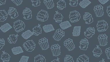 Mavi arka planda kusursuz el yapımı abur cubur simgeleri deseni