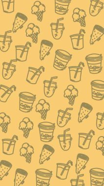 Sarı zemin üzerinde kusursuz yiyecek ve içecek ikonları deseni