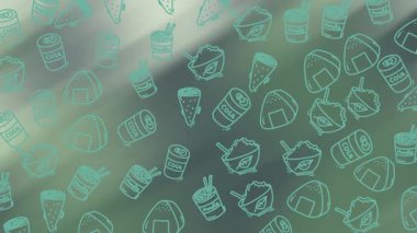 El çizimi dondurma ve pizza ikonları ile Teal soyut arkaplan video başlıkları ve yaratıcı dijital içerik örtüşen eğlenceli bir grafik