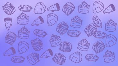 Mor gradyan arkaplana saçılmış fırın hamur işlerinin eğlenceli çizimleri tatlı kafesi stok görüntüleri için uygundur.