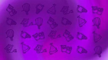 Mor gradyan arka planda, maskeli şapkaların, balonların, konfeti pankartlarının ve karnaval elemanlarının yer aldığı canlı bir parti ikonları seti.