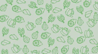 Arka plan tekstil ve stok video projeleri için uygun soluk bir arkaplan üzerinde narenciye dilimleri ve yaprak çizimleri kusursuz yeşil desen