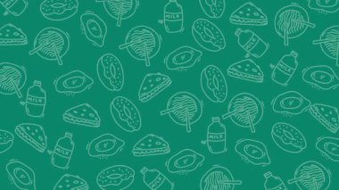 Kusursuz yemek düzeni arka planında pizza şişelerinin el çizimi ikonları ve markalaşma ve dijital tasarım projeleri için diğer atıştırmalıklar yer alıyor.