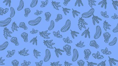 Özgeçmiş tasarımları ve web grafikleri için ideal mavi arkaplan üzerinde el yapımı otların ve sebzelerin kusursuz deseni