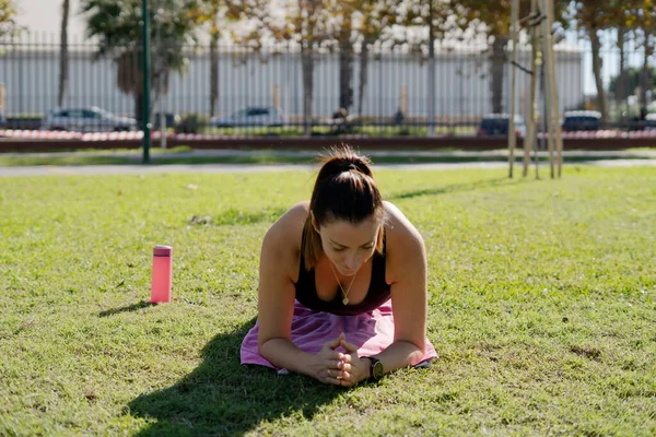 Parkta çimenler üzerinde modifiye edilmiş bir tahta egzersizi yapan kadın spor ve çekirdek kuvvete odaklanıyor.