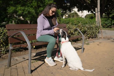 Kadın ve köpek parkta birlikte vakit geçiriyorlar.