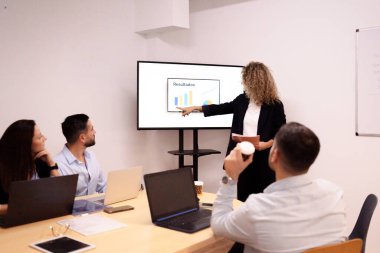 İş kadını, çalışma odasındaki meslektaşlarına ekranda veri analizi sunuyor.