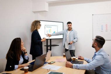 Bir sunum üzerinde işbirliği yapan iş ekibi, bir ofis toplantısında ekrandaki verileri analiz ediyor.