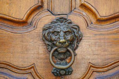 Bern İsviçre 'de bir aslanın kafası ahşap kapı kolunda. Aslanın kafası metalden yapılmıştır ve kapı koluna yapışmıştır.
