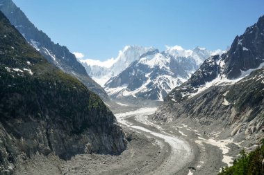 Montenvers buzulu Chamonix, Fransa 'da yer almaktadır. Hava açık ve gökyüzü mavi ve güneşli birkaç bulutla birlikte..