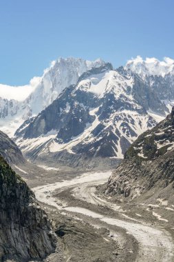Montenvers buzulu Chamonix, Fransa 'da yer almaktadır. Hava açık ve gökyüzü mavi ve güneşli birkaç bulutla birlikte..
