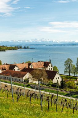 Almanya 'da Hagnau kenti yakınlarındaki Constance Bodensee Gölü' nde Birnau Kilisesi otoparkından alınan resimde bir dizi Alp dağları görülebiliyor. Evler, üzüm bağları, hastalıklar görülebiliyor..
