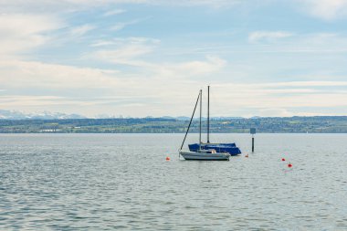 Almanya 'da Bodensee' de kıyıya yakın bir yerde mavi bir yelkenli yüzüyor. Gökyüzü bulutlu ve su sakin. Arka planda, Alp dağlarının silueti görülebilir..
