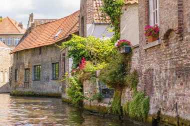 Belçika 'nın Bruges kentindeki kanal dolgusunda tarihi kırmızı tuğla ve kısmen beyaz evler. Gökyüzü bulutlu mavi. Duvarların bir kısmı yeşillikle kaplı..