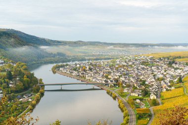 Almanya 'da bir Mosel nehri akan bir şehir ve su üzerinde bir köprü. Köprü şehrin ortasında ve nehir sol taraftadır..