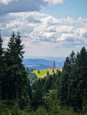 Yazın gökyüzünün altındaki yeşil tepelerin ve yemyeşil ormanların manzarası.