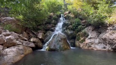 Cascading natural waterfall, clear water, rocky bottom, green trees, High quality photo