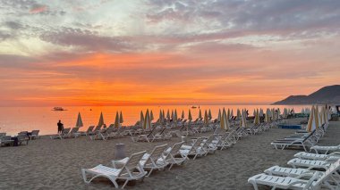 Sunset, beach, chairs, Sunset ocean beach. Beach sunset clouds, silver colorHigh quality