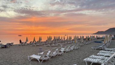 Sunset, beach, chairs, Sunset ocean beach. Beach sunset clouds, silver colorHigh quality