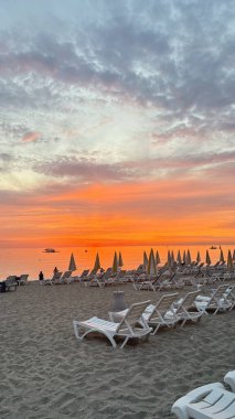 Sunset, beach, chairs, Sunset ocean beach. Beach sunset clouds, silver colorHigh quality