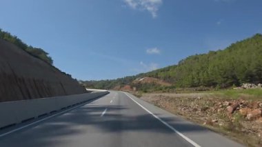 Güneşli yol ağaçları. Dağ yolu ağaçları. Yüksek kalite FullHD görüntüleri.