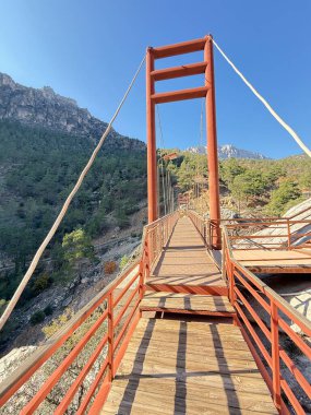 Dağ nehri üzerinde kırmızı metal bir köprü. Yüksek kalite fotoğraf