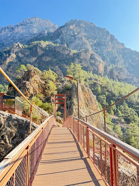 Dağ nehri üzerinde kırmızı metal bir köprü. Yüksek kalite fotoğraf