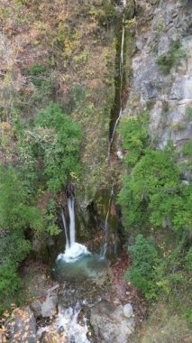 Şelale Şelalesi, Şelale Ormanı kayaları. Şelale kayalık manzarası. Sonbahar şelalesi. Yüksek kalite 4k görüntü
