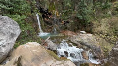 Şelale ormanı kayaları. Şelale kayalık manzarası. Sonbahar şelalesi. Yüksek kalite 4k görüntü