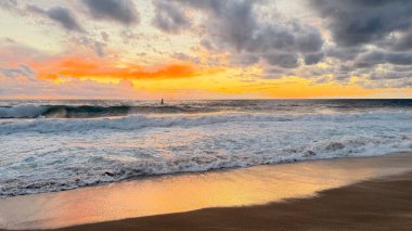 Beach sunset waves. stunning bright colorful sky, seascape. High quality 4k footage