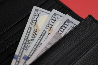 Kalem para cüzdanı. Kırmızı arka planda bir cüzdanda dolar, 100 dolar değerinde. Yüksek kalite fotoğraf.